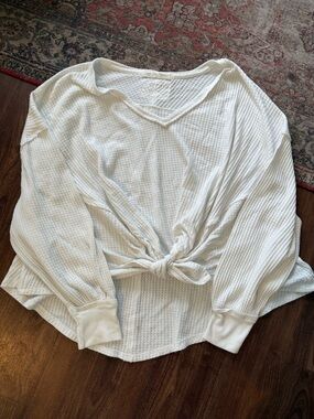 We The Free Light Blue Waffle-Knit Tie-Front Pullover